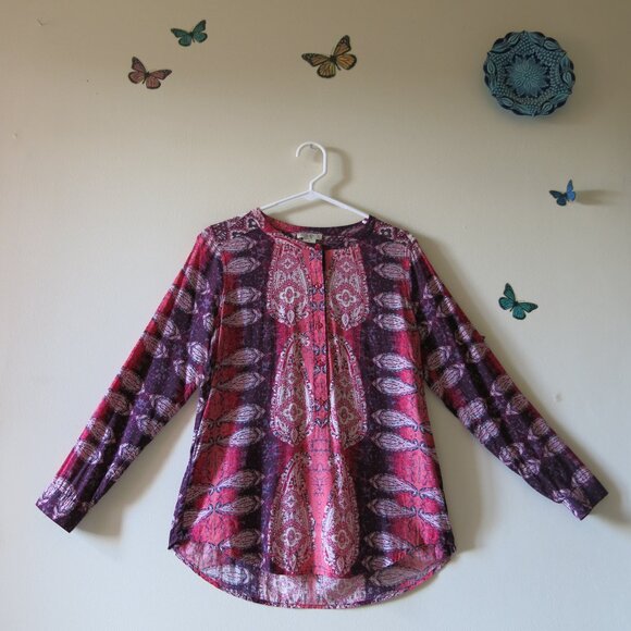 Lucky Brand Tops - Lucky Brand Live In Love Paisley Pink Purple Long Sleeve Bohemian Blouse Size M